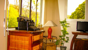 Intérieur du Gîte l'Orangeraie au Mas de la Gavaresse. Décoration authentique, machine à écrire vintage et plante verte.