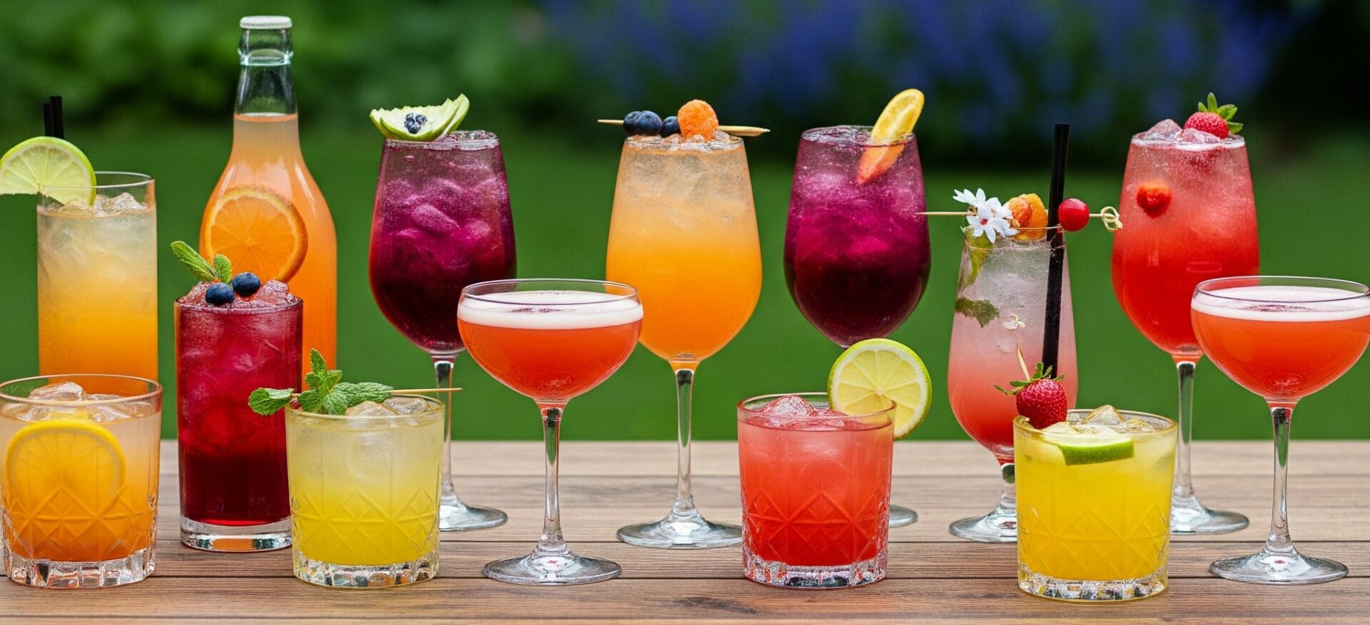 Cocktails et mocktails colorés sur table en bois en extérieur | Ambiance estivale décontractée