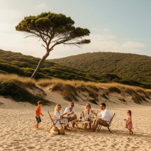 Apéritif en famille sur une plage naturelle avec collines et pin parasol penché, cocktails Gavaresse 2025