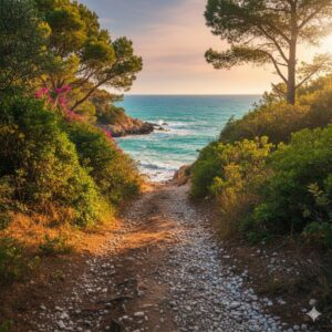 Sentier côtier bordé d'arbres et de bougainvilliers menant à une crique secrète avec la mer turquoise au Pradet.