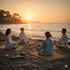 Groupe de personnes méditant en lotus au bord de la mer Méditerranée au lever/coucher du soleil, plages du Pradet.