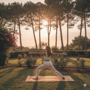 Femme pratiquant le yoga (pose du Guerrier) au lever du soleil dans un jardin méditerranéen avec vue sur la mer à Gavaresse, Le Pradet.