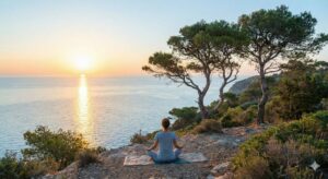 Personne en position de méditation face à la mer Méditerranée au lever du soleil, entourée de pins parasols sur la côte du Pradet. Illustration symbolique d'un séjour détente et slow tourisme proche du Mas de la Gavaresse.