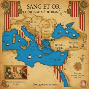 Carte historique de la Méditerranée médiévale montrant l'expansion du blason Sang et Or de la Provence vers la Catalogne, l'Aragon, Valence et la Sicile. Illustration des liens dynastiques entre terre et mer.