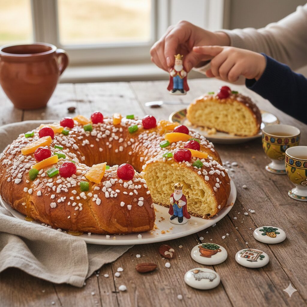 Gâteau des rois provençal traditionnel avec fruits confits et sucre en grains sur une table en bois.