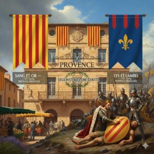 Façade d'un Hôtel de Ville en Provence ornée du drapeau Sang et Or et des fleurs de lys, avec une évocation de la légende de Charles le Chauve. Illustration de l'identité et du patrimoine provençal pour Gavaresse.