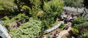 Vue aérienne du jardin du Mas de la Gavaresse avec une famille de 15 personnes répartie entre la tonnelle, le hamac et les aires de jeux.