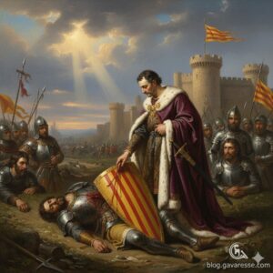 Peinture historique illustrant Charles le Chauve traçant les quatre barres de sang sur le bouclier d'or de Guifred le Velu mourant pour lui donner une patrie. Origine légendaire du drapeau provençal Sang et Or.