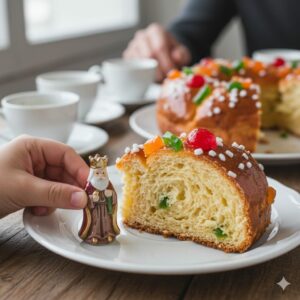 Main d'enfant tenant un santon en porcelaine à côté d'une part de brioche des rois.
