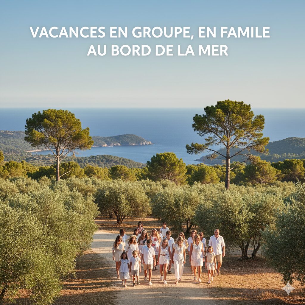 Groupe d'amis et famille admirant la mer Méditerranée au milieu des oliviers et pins parasols au Pradet, Var.