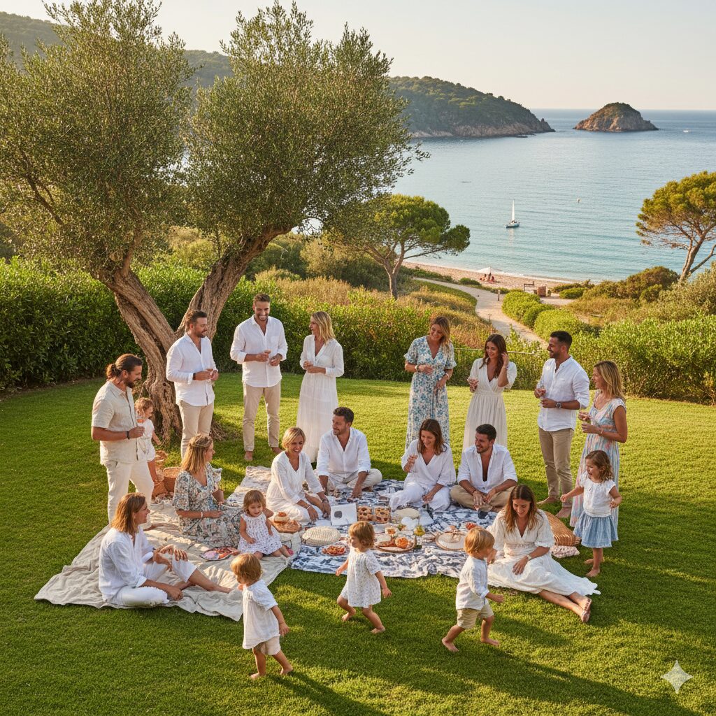 Mas de la Gavaresse avec une famille intergénérationnelle : enfants jouant, ados sur la terrasse et adultes sous la tonnelle.