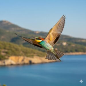 Guêpier d'Europe en vol ailes déployées au-dessus de la côte méditerranéenne et des collines de Provence.