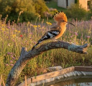 Huppe fasciée déployant sa crête près d'un point d'eau 