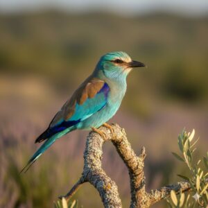 Rollier d'Europe aux plumes turquoise et marron posé sur une branche au Mas Gavaresse.