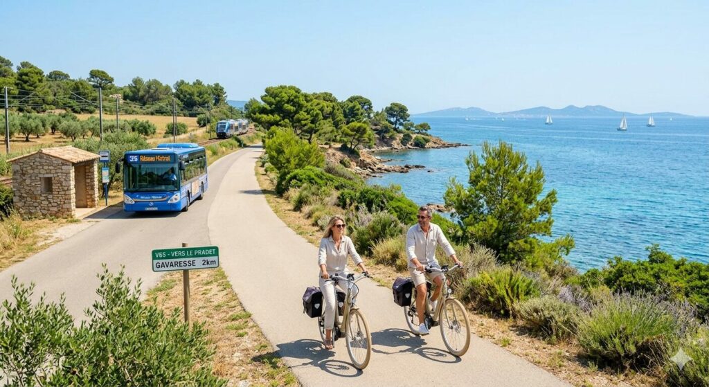 Un couple à vélo électrique sur la piste cyclable V65 longeant le littoral turquoise près du Mas de Gavaresse, avec un bus Mistral ligne 39 et un train TER en arrière-plan.